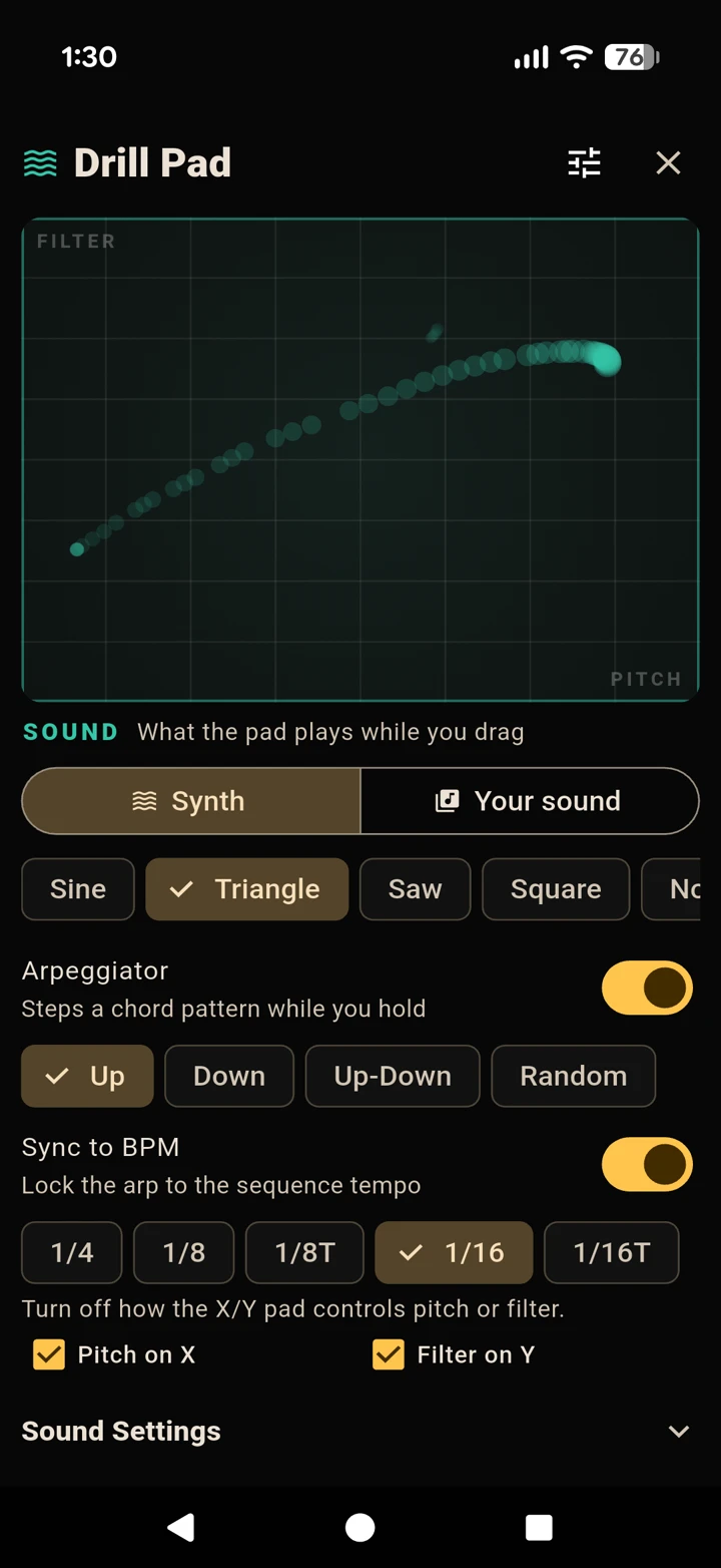 The Drillpad arpeggiator controls with rate and sync to BPM