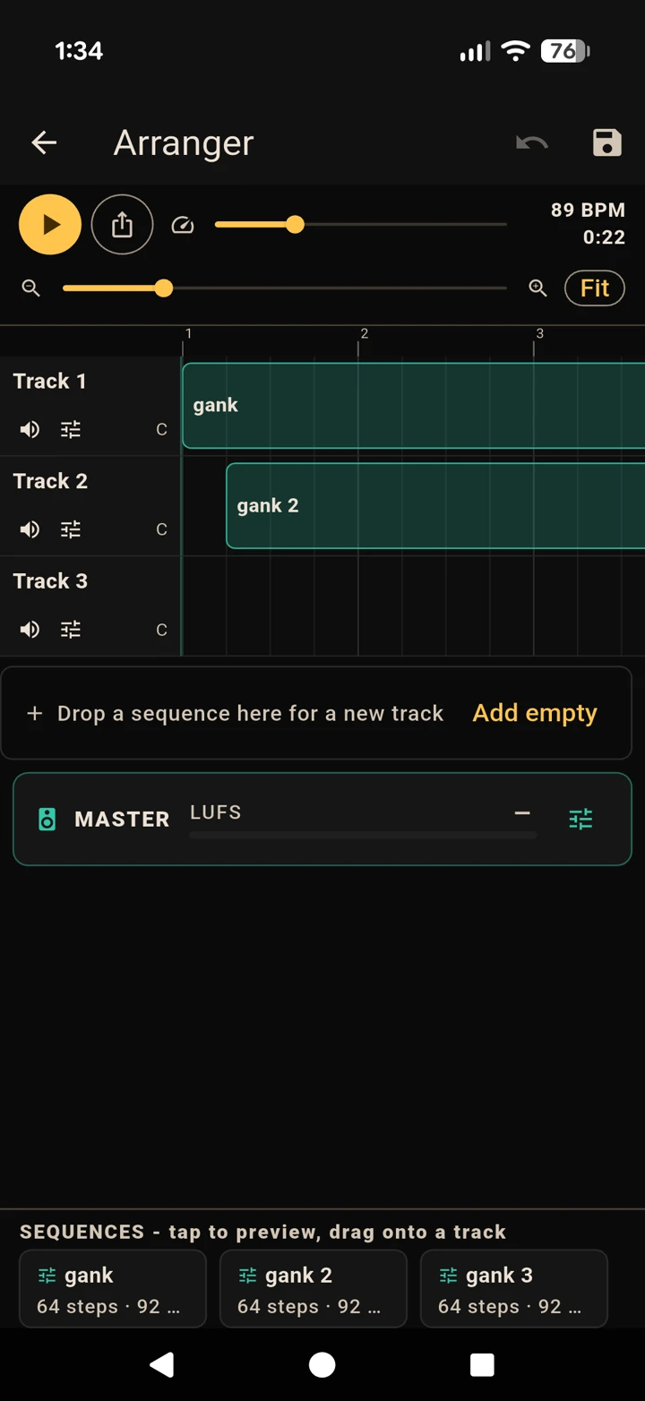 The 8-track arranger timeline with sequence blocks