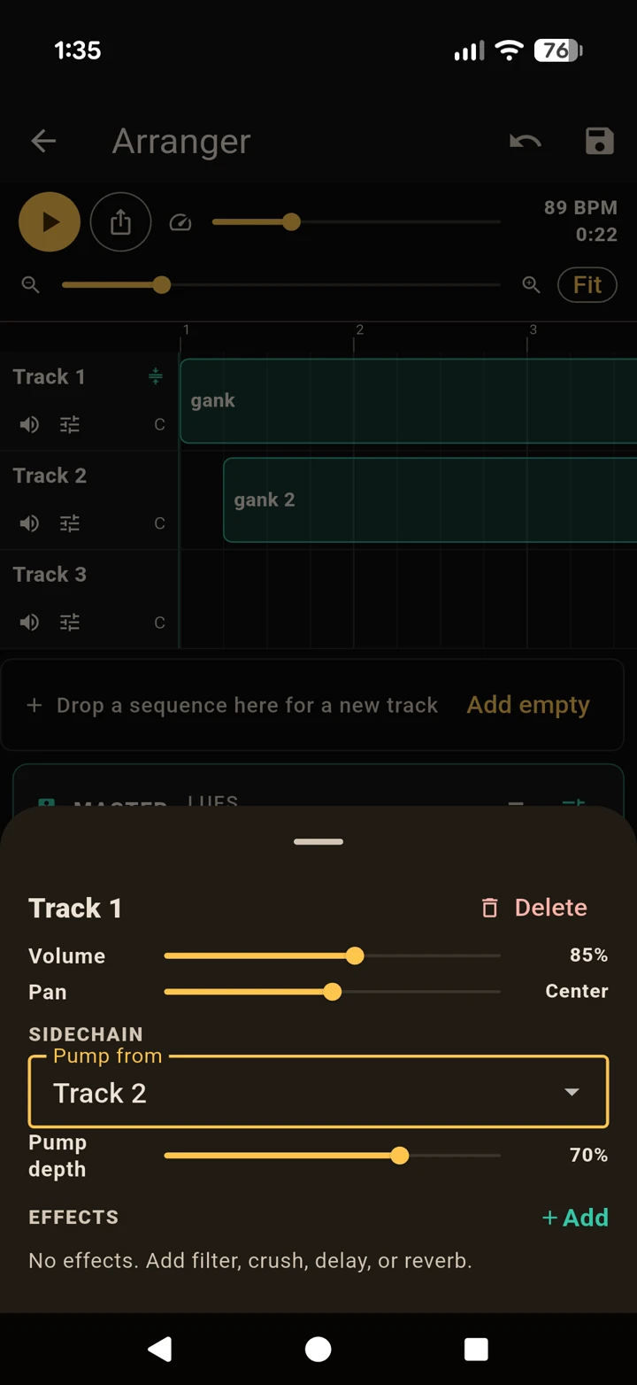 A track strip with volume, pan, effects automation and sidechain