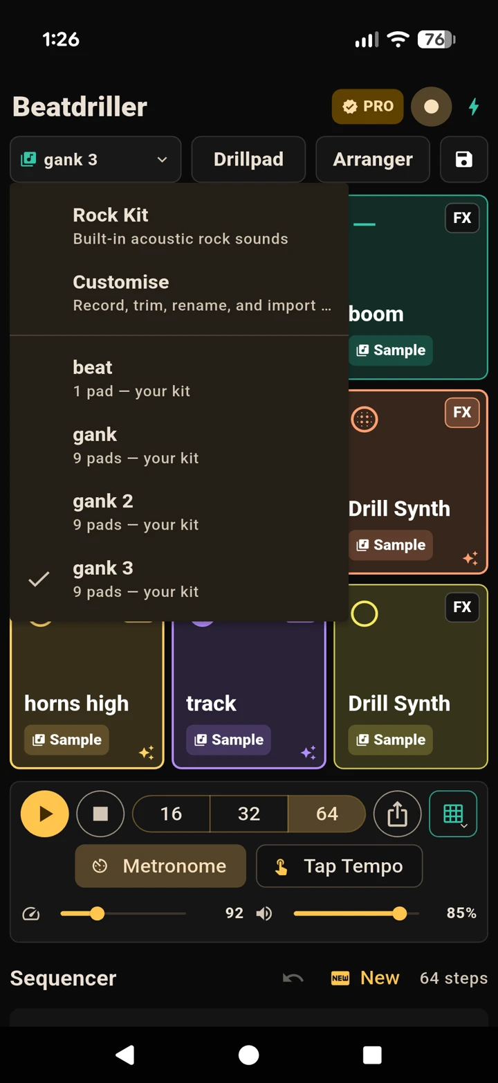 Selecting the Customise kit to get nine blank pads