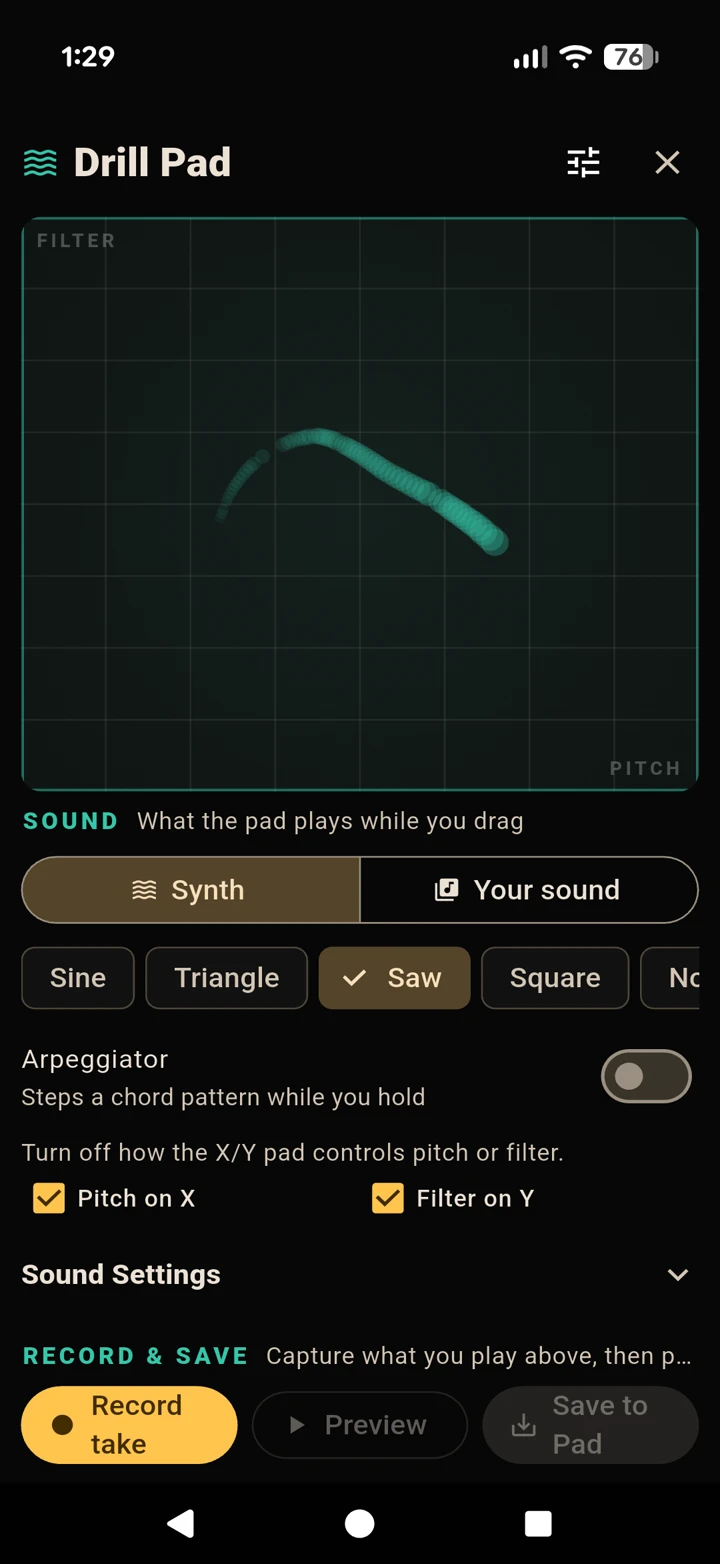 The Drillpad XY synth screen