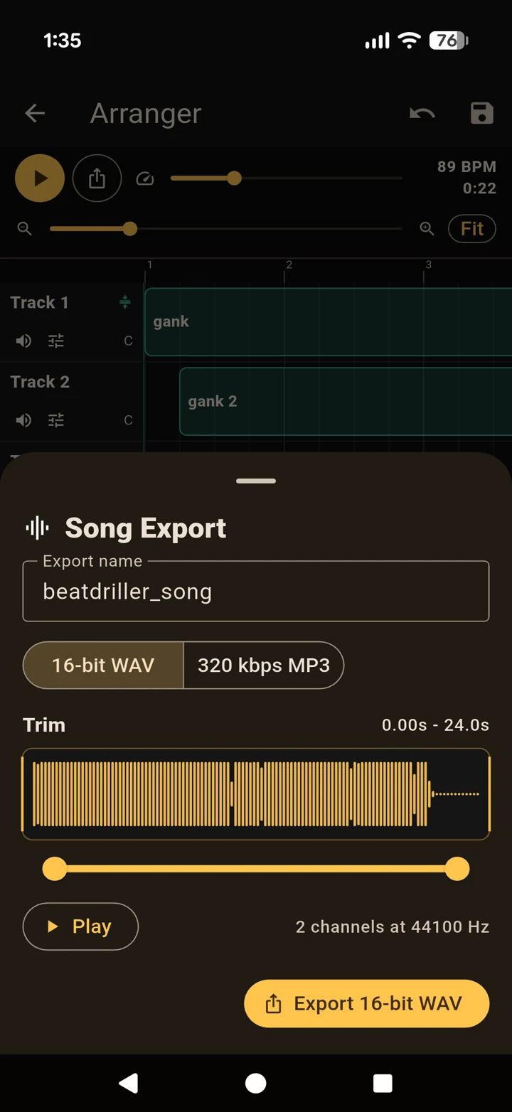 The export sheet with a name field, waveform trim and WAV/MP3 toggle