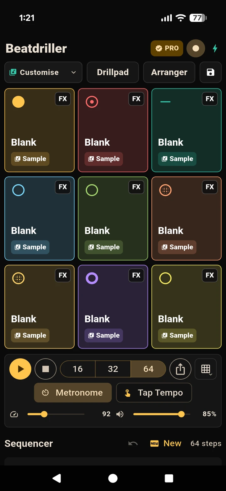 Beatdriller main screen with the header, kit bar, drum pads, transport and sequencer labelled