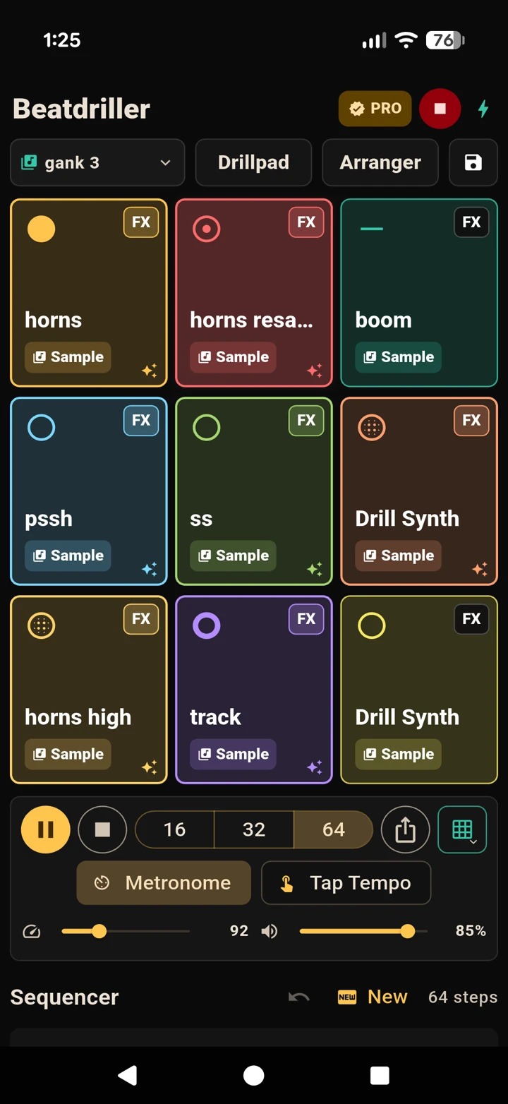 Beatdriller recording a live performance into the sequencer with a count-in