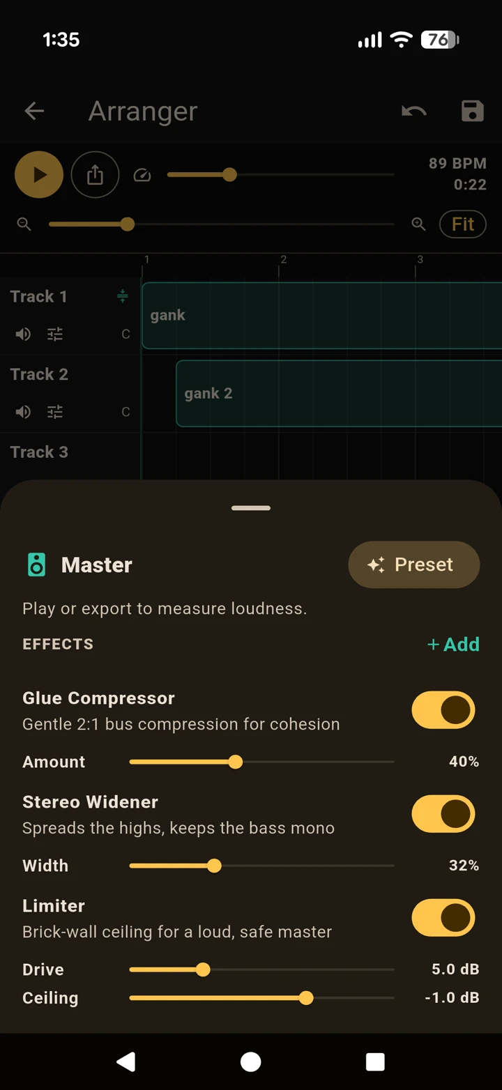 The master strip with compressor, widener, limiter and a LUFS meter