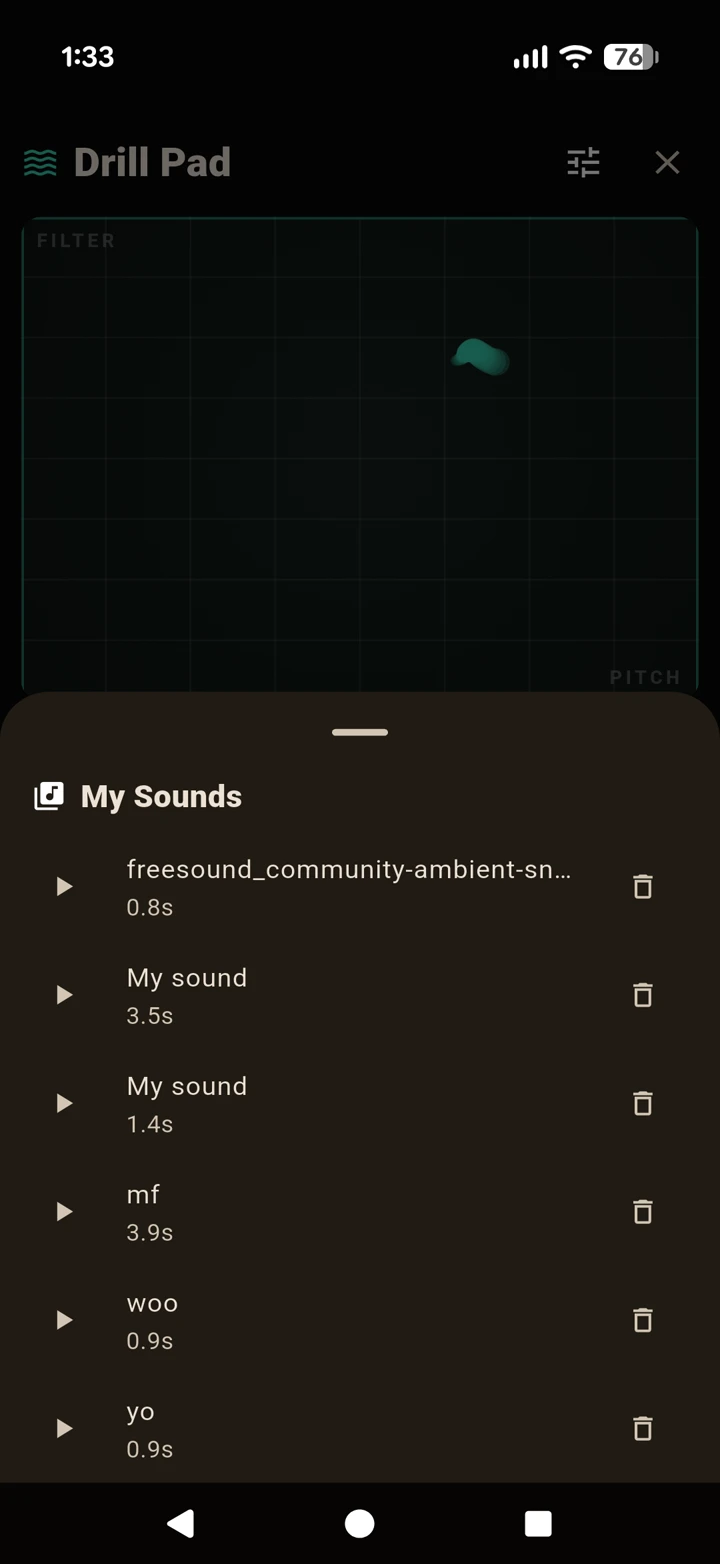 The My Sounds library of saved Drillpad takes