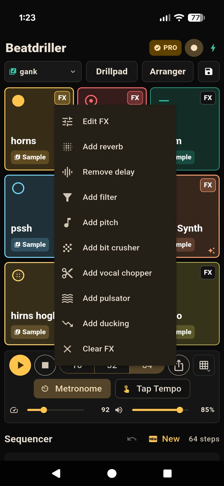 The per-pad effects rack open with reverb, delay, filter and more
