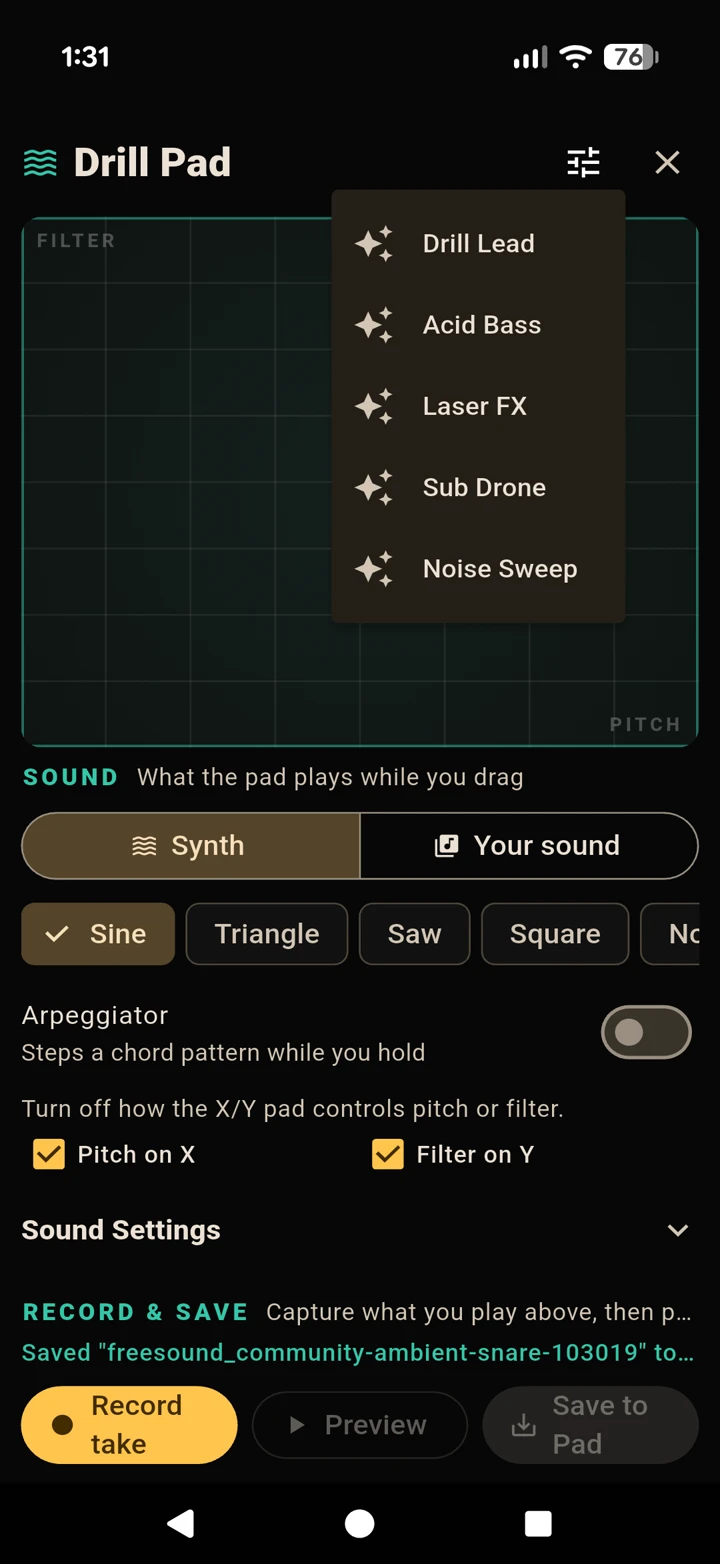 Drillpad presets list with Drill Lead, Acid Bass, Sub Drone and more