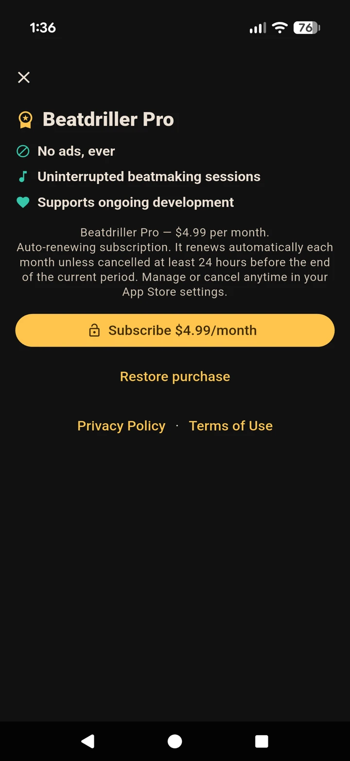 The Beatdriller Pro upgrade screen