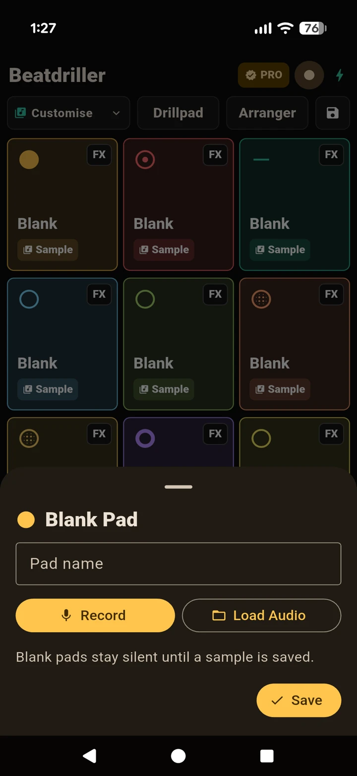 Recording a sound with the microphone onto a blank pad