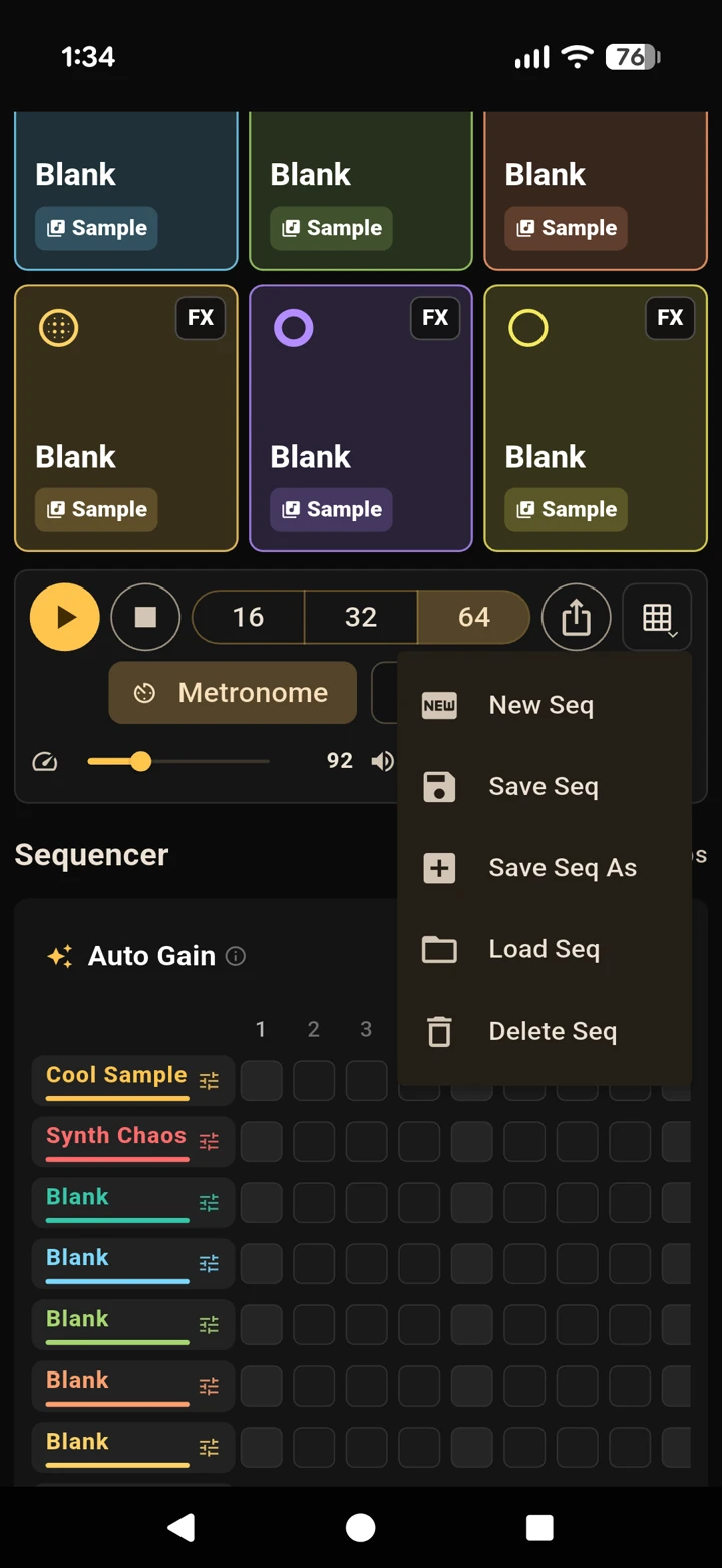 Saving and loading kits and sequences