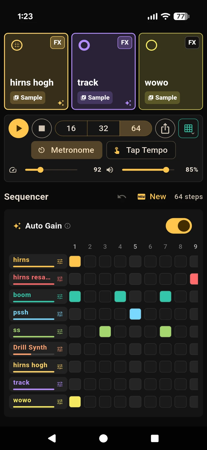 Beatdriller step sequencer grid with active steps and track faders