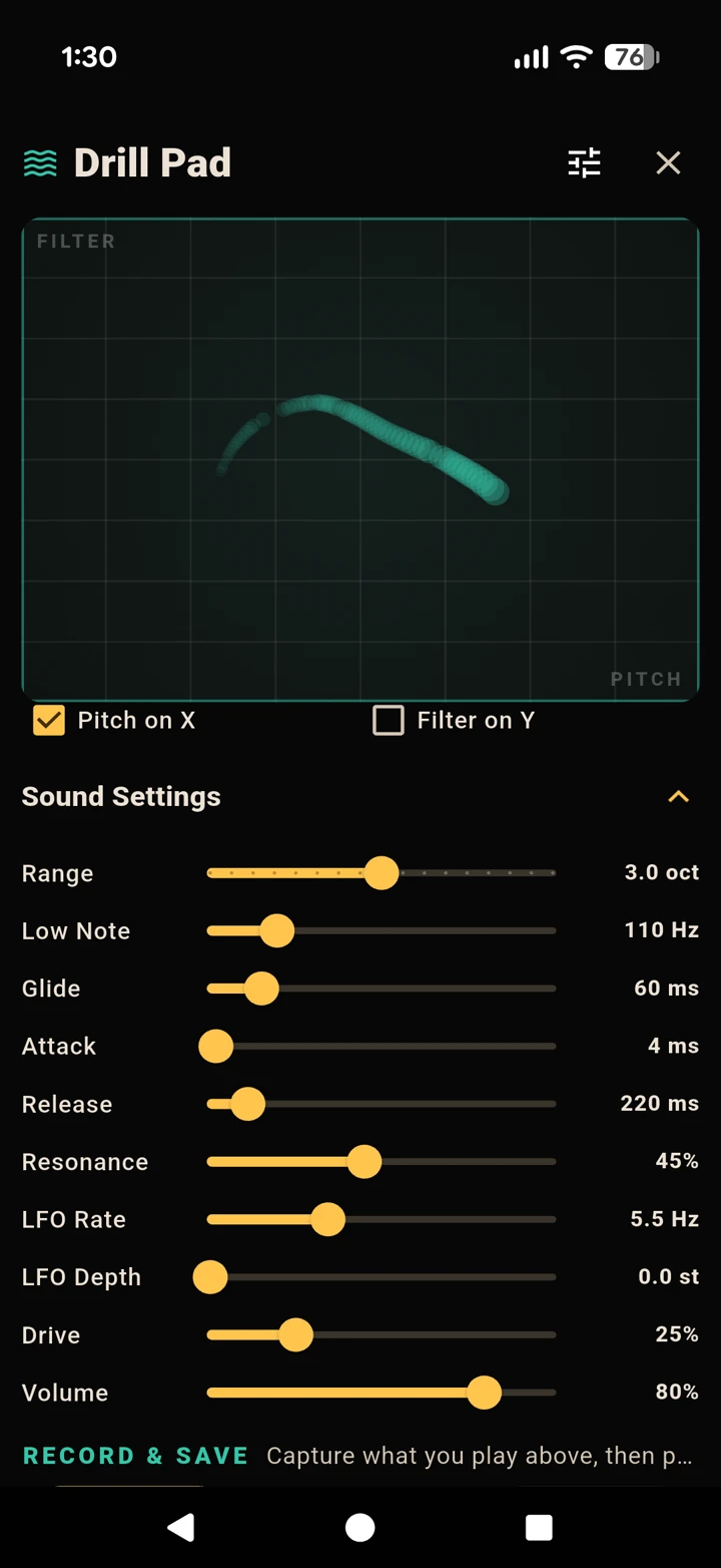 Sound Settings sliders for range, attack, release, resonance, drive and LFO
