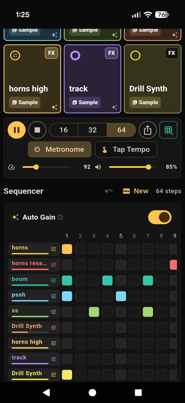 Beatdriller transport with play, BPM, volume, pattern length and metronome