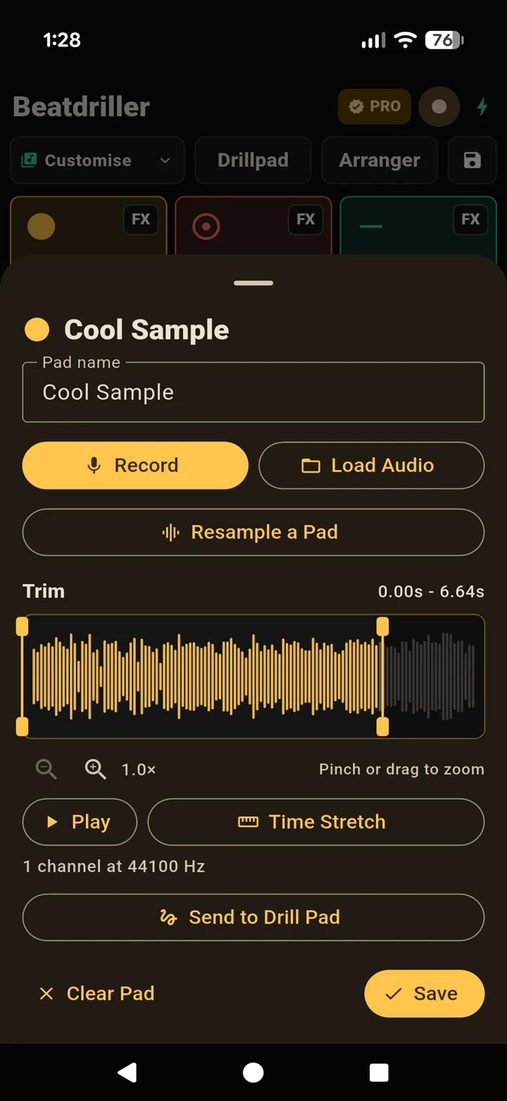 Trimming a recorded sample against its waveform with handles