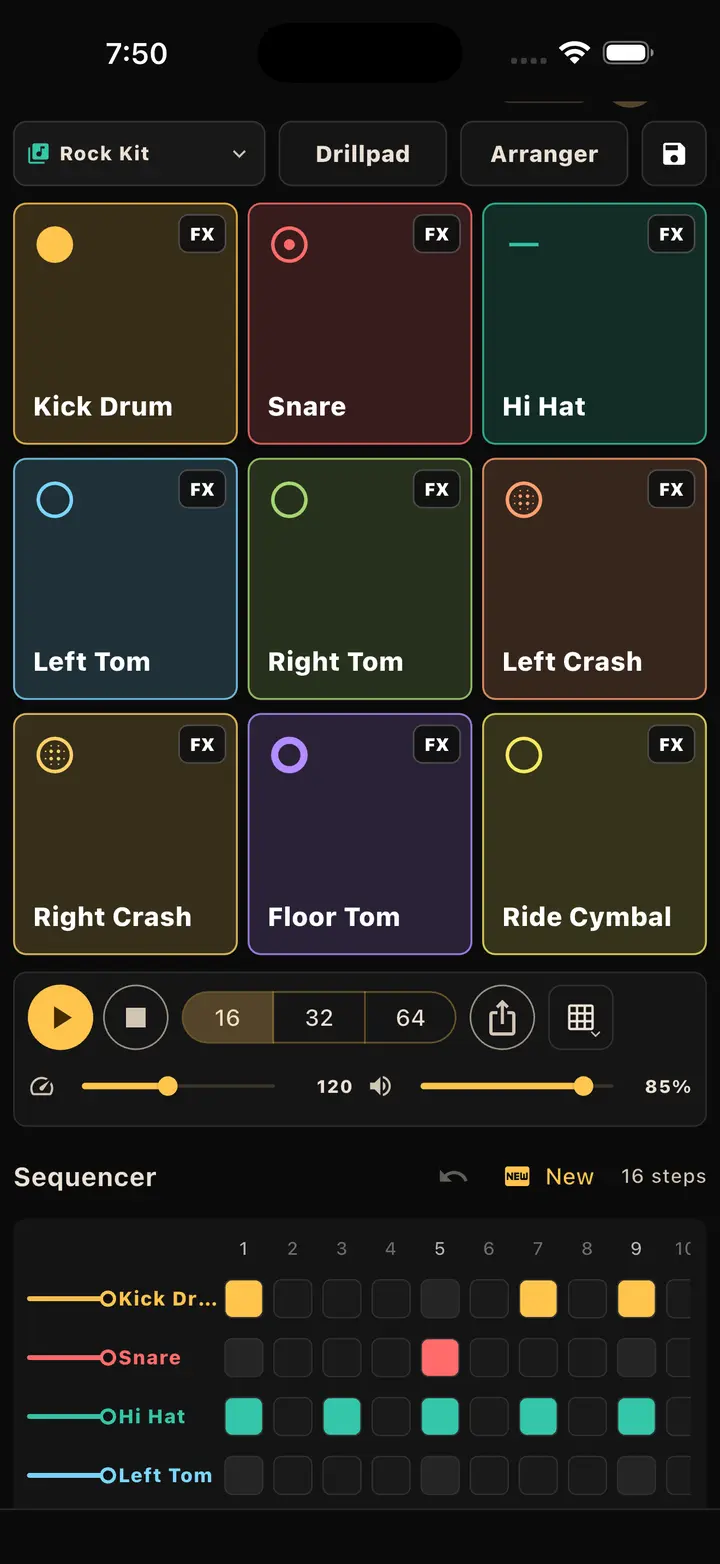 Beatdriller step sequencer with a pattern grid and track faders
